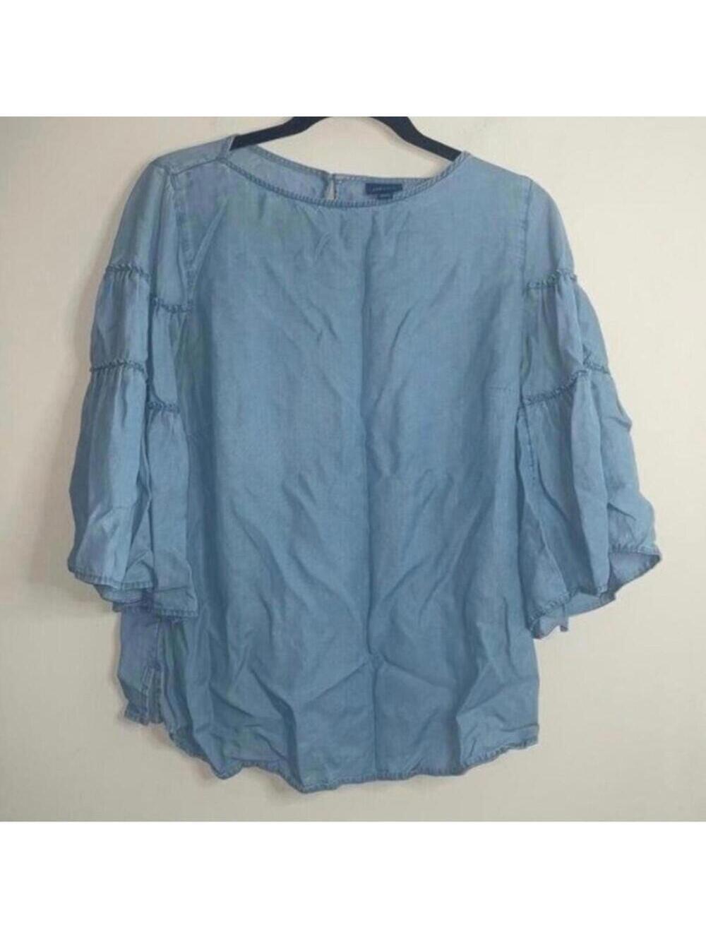 J. Jill Denim Blue Chambray Ruffle Sleeve Blouse 100% Tencel Lyocell